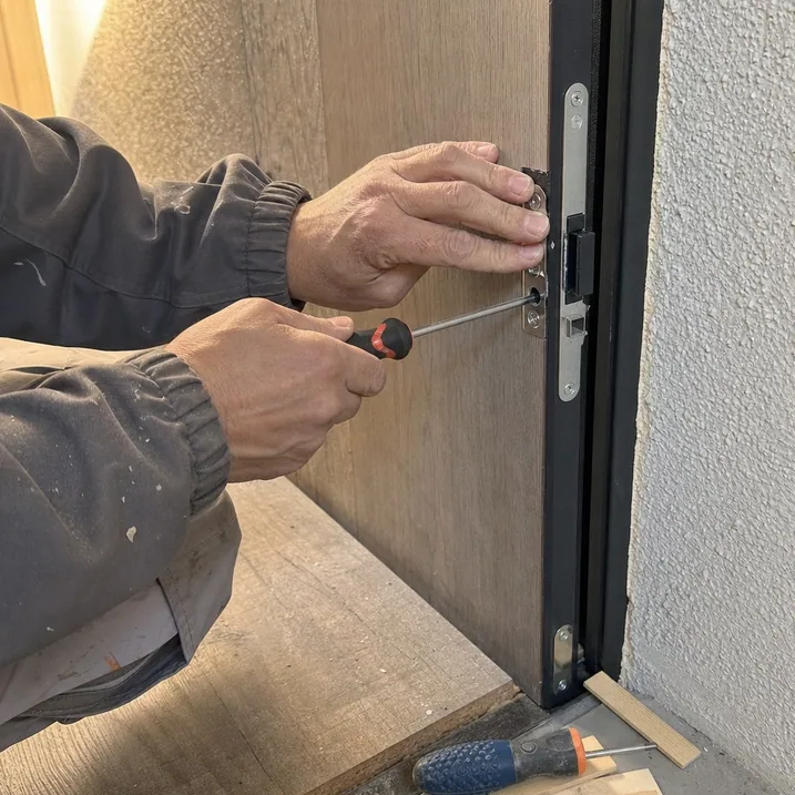 mains règlant gâche porte d'appartement